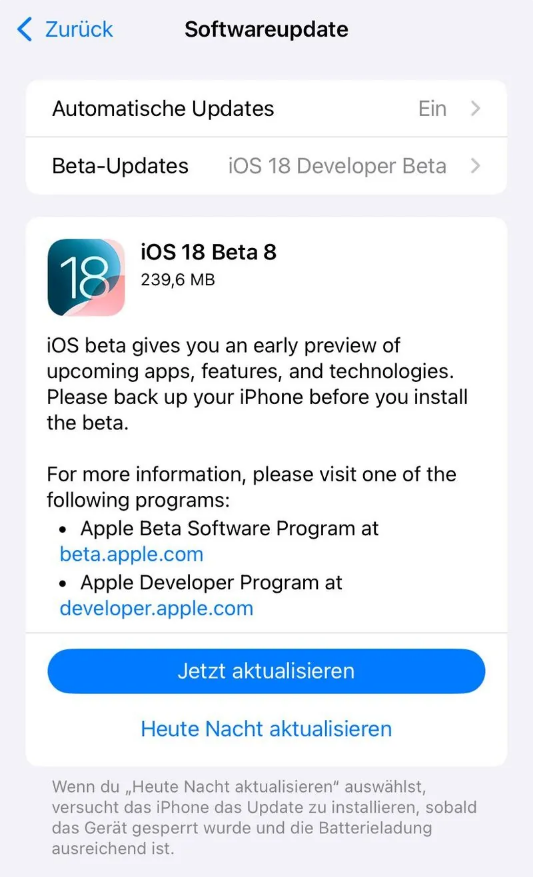 响水苹果手机维修分享苹果 iOS / iPadOS 18 开发者预览版 Beta 8 发布 